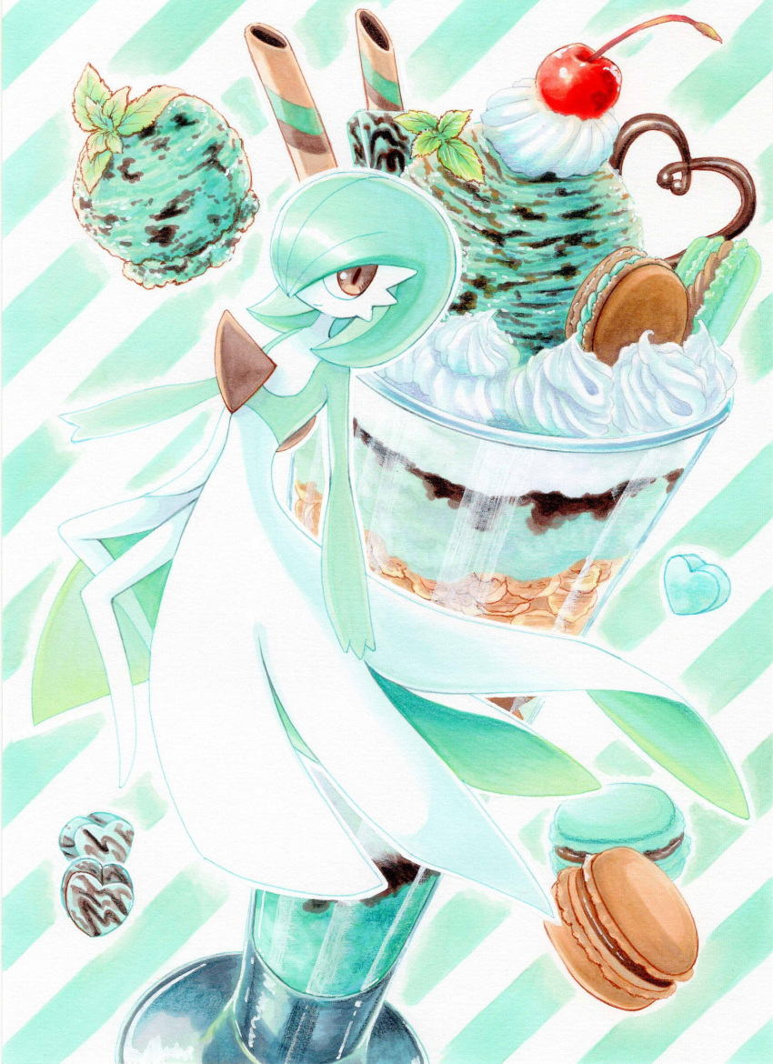 1girl absurdres arms_at_sides bob_cut cherry closed_mouth colored_skin commentary_request cream cup dessert drinking_glass flat_chest food food_focus fruit gardevoir green_hair green_skin hair_over_one_eye happy heart-shaped_food highres ice_cream leaf legs looking_at_viewer macaron mint mint_chocolate multicolored_skin one_eye_covered outline parfait partial_commentary pokemon pokemon_(creature) red_eyes short_hair smile solo striped striped_background traditional_media two-tone_skin white_outline white_skin yuka_(yukaaaaaaa0705)