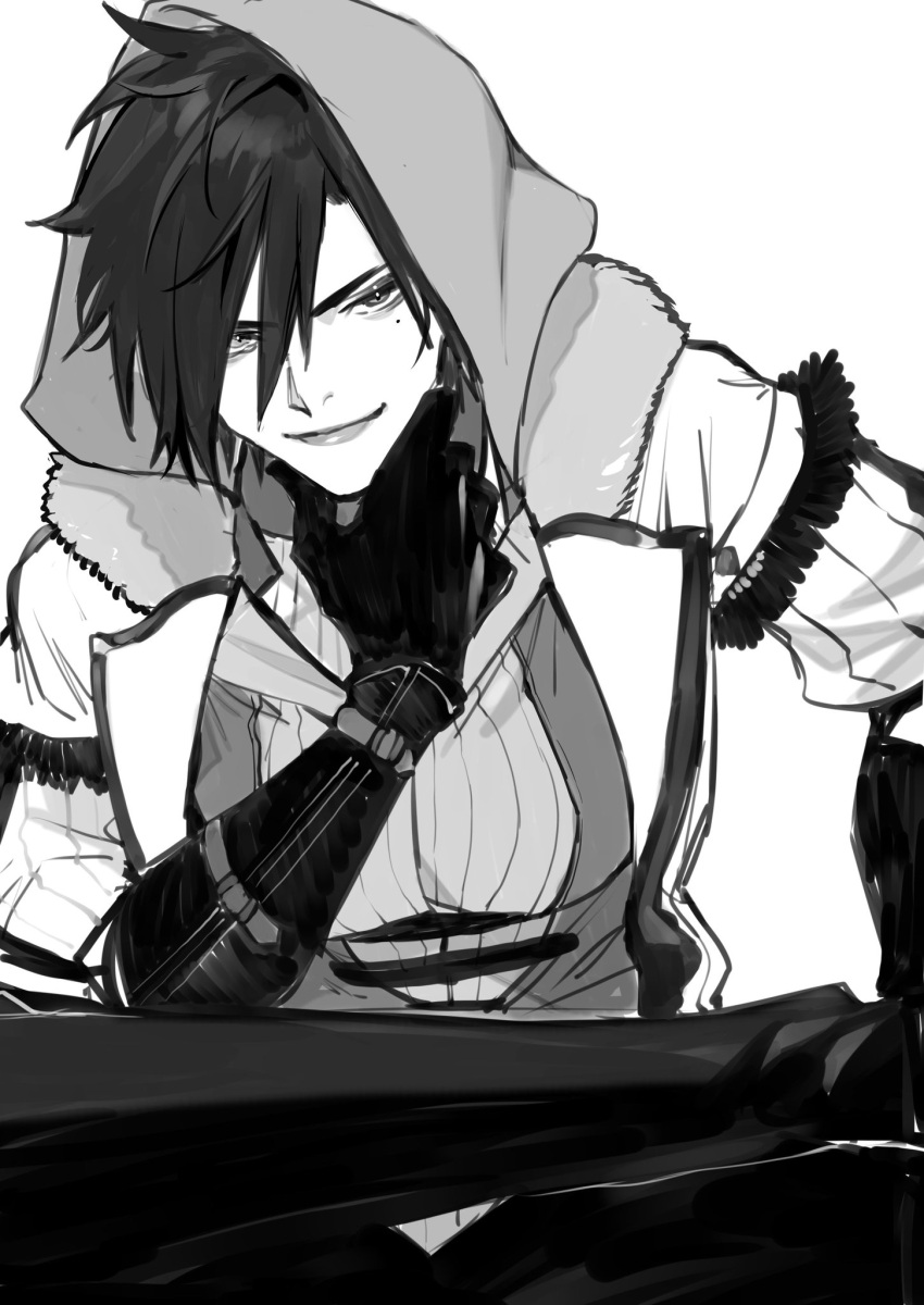 1girl black_hair final_fantasy final_fantasy_xiv gloves greyscale hand_on_own_chin highres hood jacket looking_at_viewer mole mole_under_eye monochrome open_clothes open_jacket shishamo_712 simple_background smile solo warrior_of_light_(ff14) white_background