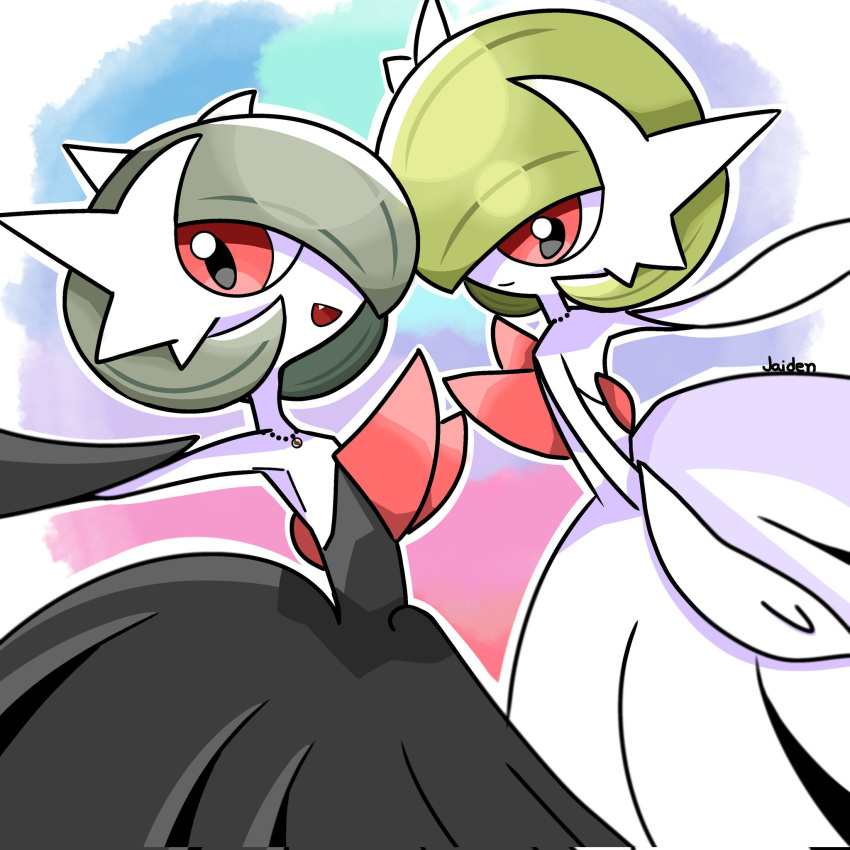 2girls alternate_color alternate_shiny_pokemon aman_(jaiden) armpits artist_name backless_dress backless_outfit bare_shoulders black_dress black_gloves bob_cut closed_mouth colored_skin commentary corrupted_twitter_file dress elbow_gloves english_commentary fang flat_chest gardevoir gloves green_hair hair_over_one_eye happy highres jewelry long_dress looking_at_viewer mega_gardevoir mega_pokemon mega_stone multicolored_background multiple_girls necklace one_eye_covered open_mouth outline pokemon pokemon_(creature) red_eyes short_hair sideways_mouth signature smile standing strapless strapless_dress white_dress white_gloves white_outline white_skin