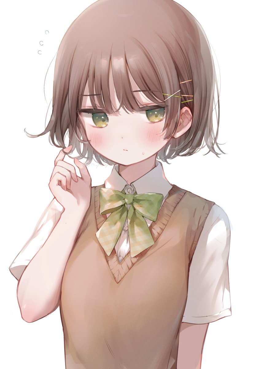 1girl absurdres blush bow bowtie brown_hair brown_sweater_vest closed_mouth collared_shirt commentary_request green_bow green_bowtie green_eyes hair_ornament hairclip hand_up highres looking_to_the_side m_ydayo original playing_with_own_hair shirt short_hair short_sleeves solo sweat sweater_vest upper_body white_shirt x_hair_ornament