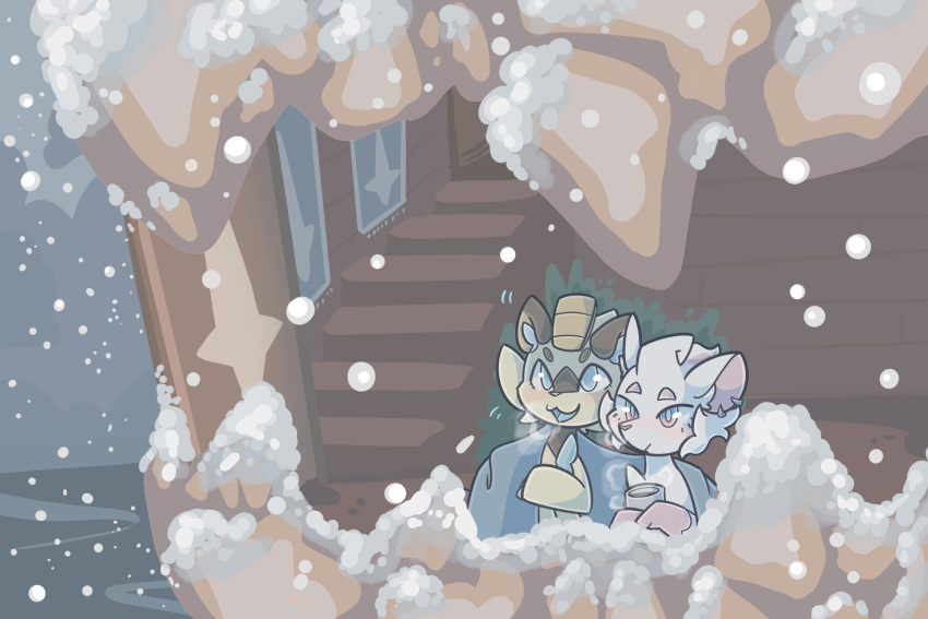 alolan_form alolan_vulpix ambiguous_gender anthro bedding blanket blue_eyes blush brown_body brown_fur chest_tuft claws cloud container cup dielle_(wooled) duo ear_piercing ear_ring feral finger_claws fur generation_1_pokemon gloves_(marking) hi_res inner_ear_fluff markings meowth multicolored_eyes nintendo open_mouth open_smile piercing pink_body pink_eyes pink_fur pokemon pokemon_(species) pokemon_mystery_dungeon regional_form_(pokemon) ring_piercing rock rune_(wooled) shaded sitting sky smile snow snowing steam tuft two_tone_eyes water white_body white_fur wooled yellow_body yellow_fur