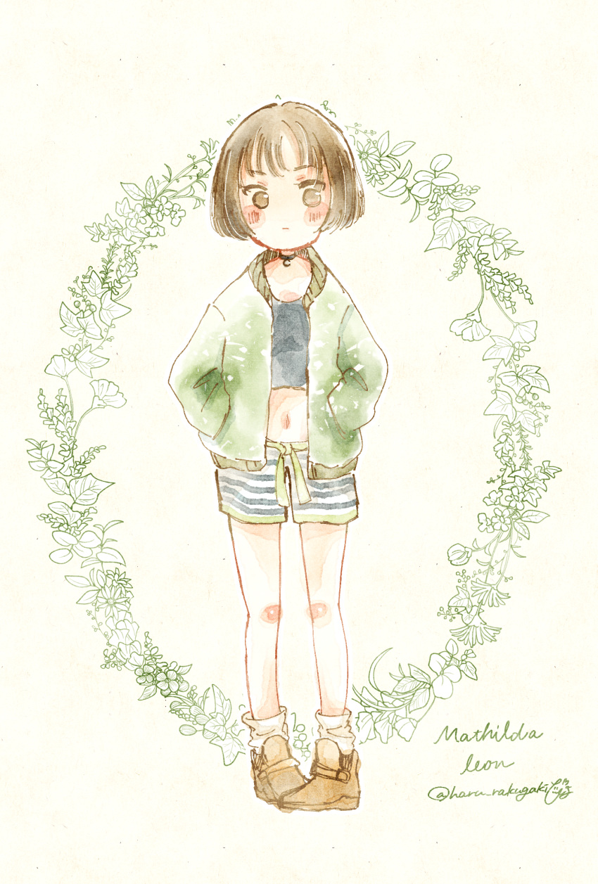 1girl artist_name black_choker black_shirt black_shorts blunt_bangs blunt_ends blush blush_stickers bob_cut bomber_jacket boots brown_eyes brown_footwear brown_hair character_name choker closed_mouth commentary copyright_name crop_top cursive drawstring english_commentary expressionless floral_background flower full_body green_jacket green_shorts hands_in_pockets highres hiichi_haru jacket leon_the_professional long_sleeves looking_at_viewer loose_socks mathilda_lando midriff navel open_clothes open_jacket painting_(medium) pendant_choker pigeon-toed shirt short_hair short_shorts shorts signature socks solo standing striped striped_shorts traditional_media twitter_username watercolor_(medium) white_background white_shorts white_socks