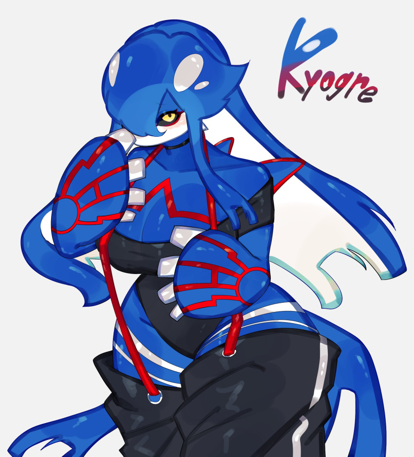 2023 4_fingers anthro anthrofied big_breasts black_sclera blue_body blue_hair blue_skin blush breasts cetacean choker cleavage clothed clothing dorsal_fin english_text female fin fingers generation_3_pokemon hair hi_res jewelry kyogre legendary_pokemon legwear leotard looking_at_viewer mammal marine markings necklace nintendo one-piece_swimsuit pokemon pokemon_(species) red_markings simple_background solo suspenders swimwear text thick_thighs thigh_highs togetoge white_body white_face white_skin wide_hips yellow_eyes