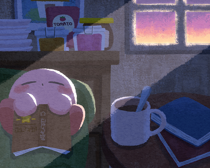 bed book closed_eyes closed_mouth cup jar kirby kirby_(series) miclot morning mug no_humans pink_footwear plate shoes sleeping table window