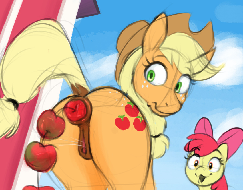 accessory anal anal_beads anal_penetration animal_genitalia animal_pussy apple apple_bloom_(mlp) applejack_(mlp) averyfondoreo barn bodily_fluids bow_ribbon butt colored cutie_mark duo ejaculation equid equine equine_anus equine_genitalia equine_pussy female feral food friendship_is_magic fruit genital_fluids genitals green_eyes guide_lines hair_accessory hasbro hi_res horse mammal my_little_pony penetration plant pony pussy pussy_ejaculation pussy_juice sex_toy sketch