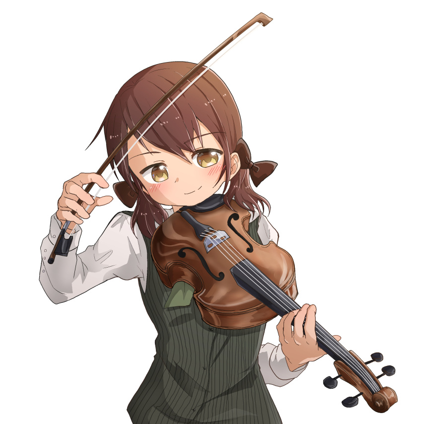 1girl absurdres blush bow brown_bow brown_hair hair_bow highres holding_bow_(music) instrument jetracer juni_argiano long_sleeves medium_hair music playing_instrument quartett! school_uniform shirt short_twintails simple_background smile solo twintails vest viola_(instrument) white_background white_shirt yellow_eyes