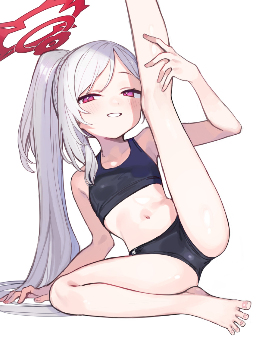1girl arm_support bad_id bad_twitter_id barefoot black_sports_bra blue_archive duplicate error feet grey_hair grin halo highres leg_up long_hair looking_at_viewer mutsuki_(blue_archive) navel pixel-perfect_duplicate purple_eyes side_ponytail signalviolet simple_background smile solo sports_bra white_background wrong_feet
