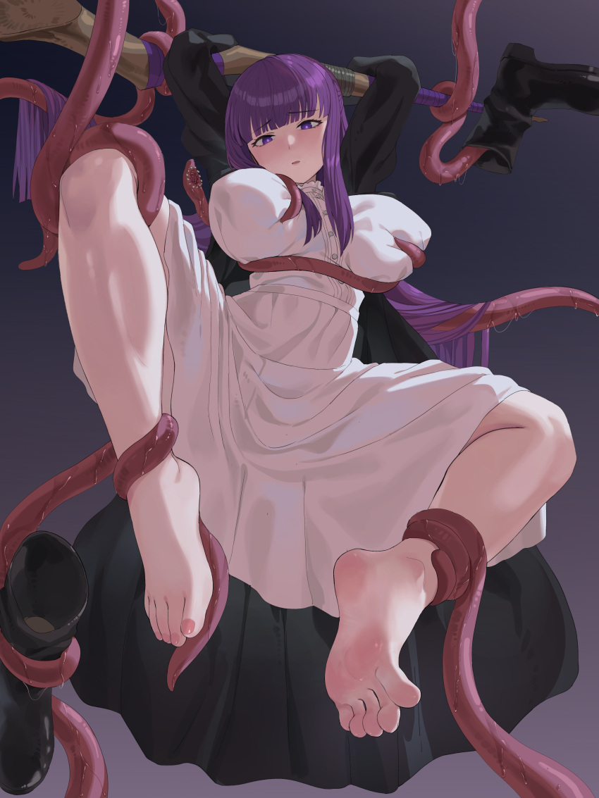1girl absurdres bare_legs barefoot black_robe boots breasts capelet chuck_(harfmoondark) dress feet fern_(sousou_no_frieren) highres holding holding_staff long_hair purple_eyes purple_hair purple_pupils restrained robe soles sousou_no_frieren staff straight_hair tentacles toes white_capelet white_dress