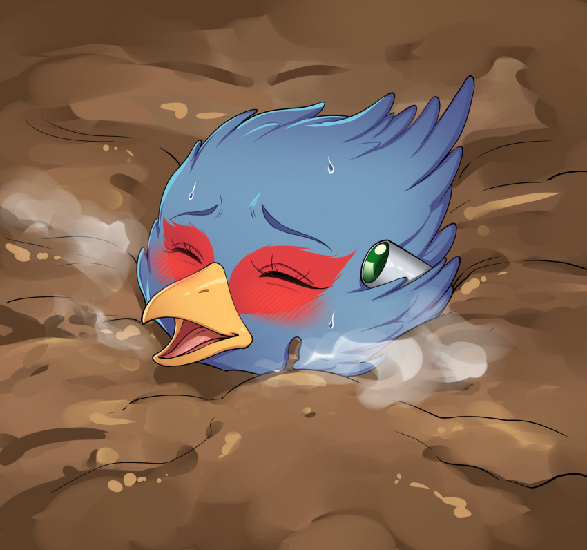 anthro avian beak bird bodily_fluids eyebrows eyelashes eyes_closed falco_lombardi female hi_res hyakkinkunu mud nintendo open_beak open_mouth quicksand sinking solo star_fox sweat