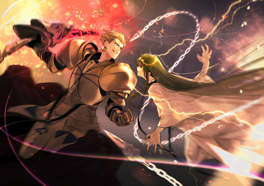 1boy 1other absurdres armor attack battle blonde_hair chain chromatic_aberration clenched_hand couter duel ea_(fate/stay_night) earrings enkidu_(fate) eye_contact fate/grand_order fate/strange_fake fate_(series) gauntlets gilgamesh_(fate) gold_armor gold_earrings green_hair grin hair_slicked_back highres holding holding_weapon jewelry lightning long_hair looking_at_another motion_blur open_mouth outstretched_hand pants parted_lips pauldrons profile red_eyes robe short_hair shoulder_armor smile soraharu_(mojatta) teeth weapon white_pants white_robe wide_sleeves yellow_eyes