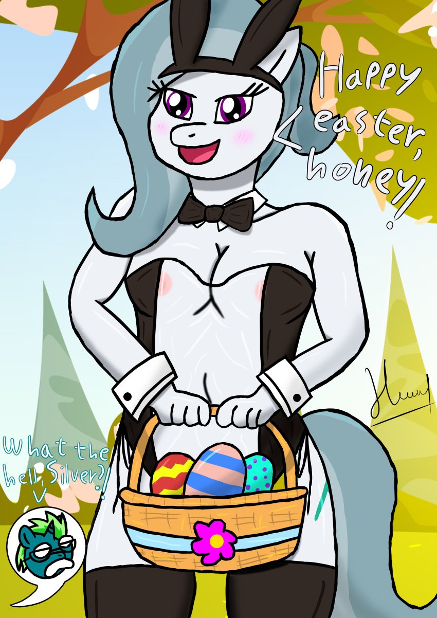 absurd_res anthro basket blue_tech_(eqf18) breasts brush brushing bucket bunny_band bunny_costume clothed clothing container costume digital_drawing_(artwork) digital_media_(artwork) duo earth_pony easter easter_basket easter_egg egg english_text eqf18 equid equine eyewear fan_character female flower flower_accessory glasses green_hair hair half_naked happy happy_easter hasbro hi_res holidays horn horse legwear male male/female mammal my_little_pony navel navel_fetish navel_outline nipples open_clothing open_mouth plant pony portrait purple_eyes shocked_face silver_bell_(eqf18) silver_hair spring spring_(season) stockings tail teeth_showing text tree unicorn watermark white_eyes