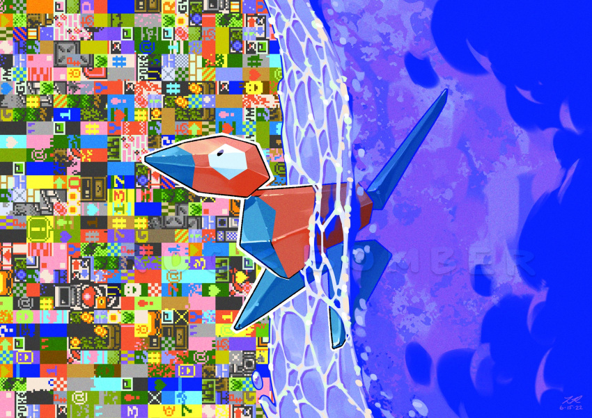artist_name commentary dated english_commentary from_side highres looking_up no_humans partially_submerged pokemon pokemon_(creature) pokemon_(game) porygon rock-bomber signature sprite sprite_art water watermark