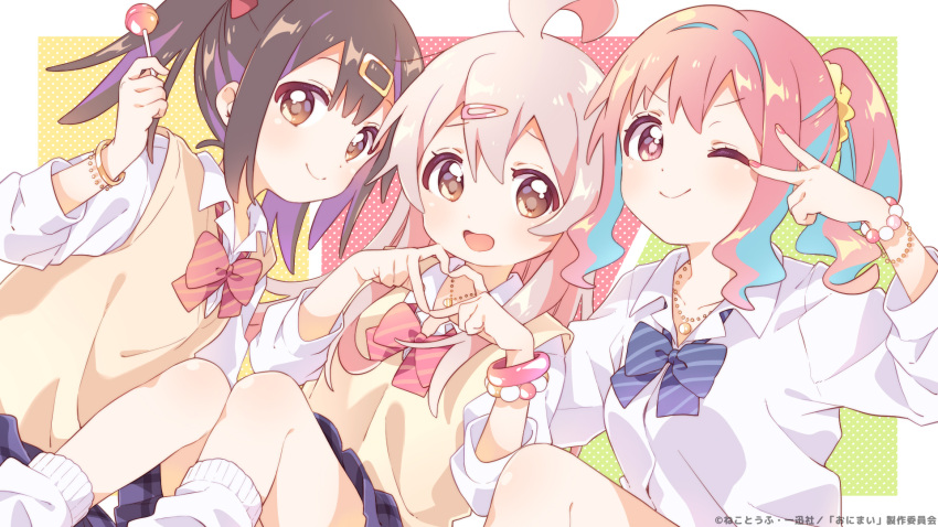 3girls :d ;) ahoge bare_legs bead_bracelet beads black_hair blue_bow blue_bowtie blue_hair bow bowtie bracelet brown_eyes candy commentary_request diagonal-striped_bowtie end_card food gyaru hair_between_eyes hair_ornament hair_scrunchie hairclip heart heart_hands highres hozuki_kaede jewelry lollipop long_hair long_sleeves looking_at_viewer loose_socks miniskirt multicolored_hair multiple_girls namori necklace official_alternate_costume official_art one_eye_closed onii-chan_wa_oshimai! open_mouth oyama_mahiro oyama_mihari pink_hair ponytail purple_hair red_bow red_bowtie scrunchie second-party_source shirt siblings simple_background sisters skirt smile socks twintails two-tone_hair v_over_eye vest watermark white_shirt white_socks wing_collar yellow_scrunchie yellow_vest