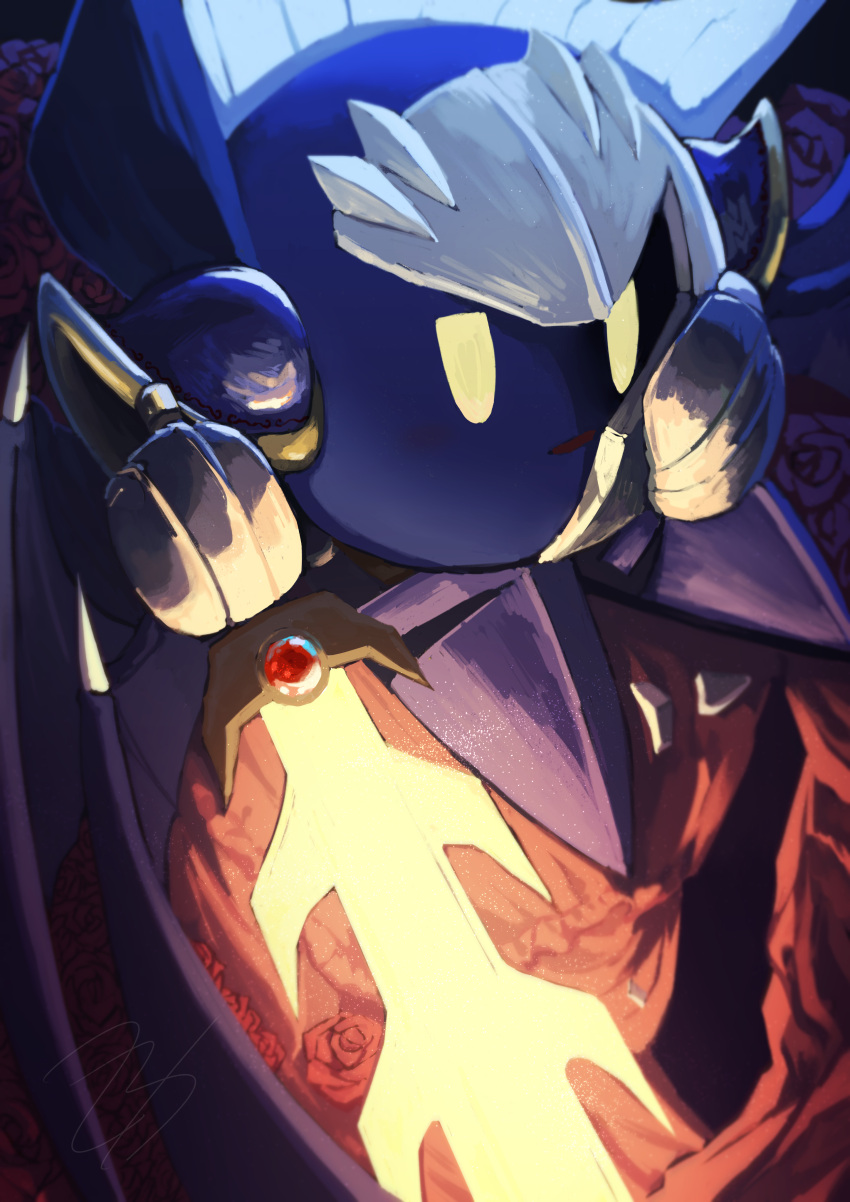 1boy absurdres broken_mask cape cola_cola00 commentary_request glowing glowing_sword glowing_weapon highres holding holding_sword holding_weapon kirby_(series) looking_at_viewer male_focus mask meta_knight purple_footwear solo sword weapon yellow_eyes