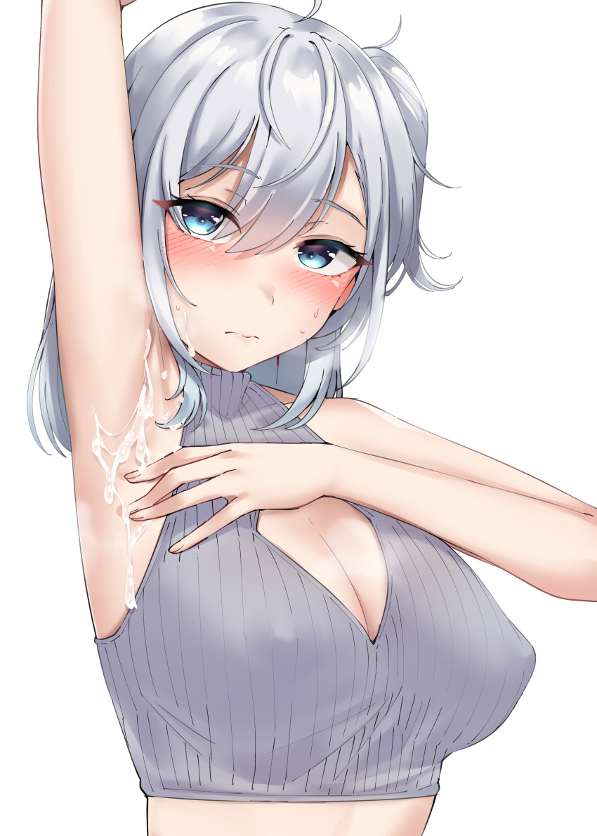 1girl absurdres arm_up armpits blue_eyes blush breasts cleavage cum cum_on_armpits cum_on_body grey_hair hair_between_eyes highres kantai_collection kiritto large_breasts long_hair looking_at_viewer one_side_up simple_background sleeveless solo suzutsuki_(kancolle) sweat upper_body