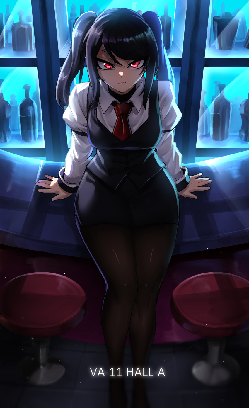 1girl absurdres bartender black_hair black_skirt counter glaring highres jill_stingray juliet_sleeves long_hair long_sleeves necktie pantyhose puffy_sleeves rageman709 red_eyes red_necktie shirt sidelocks sitting skirt solo twintails va-11_hall-a vest white_shirt