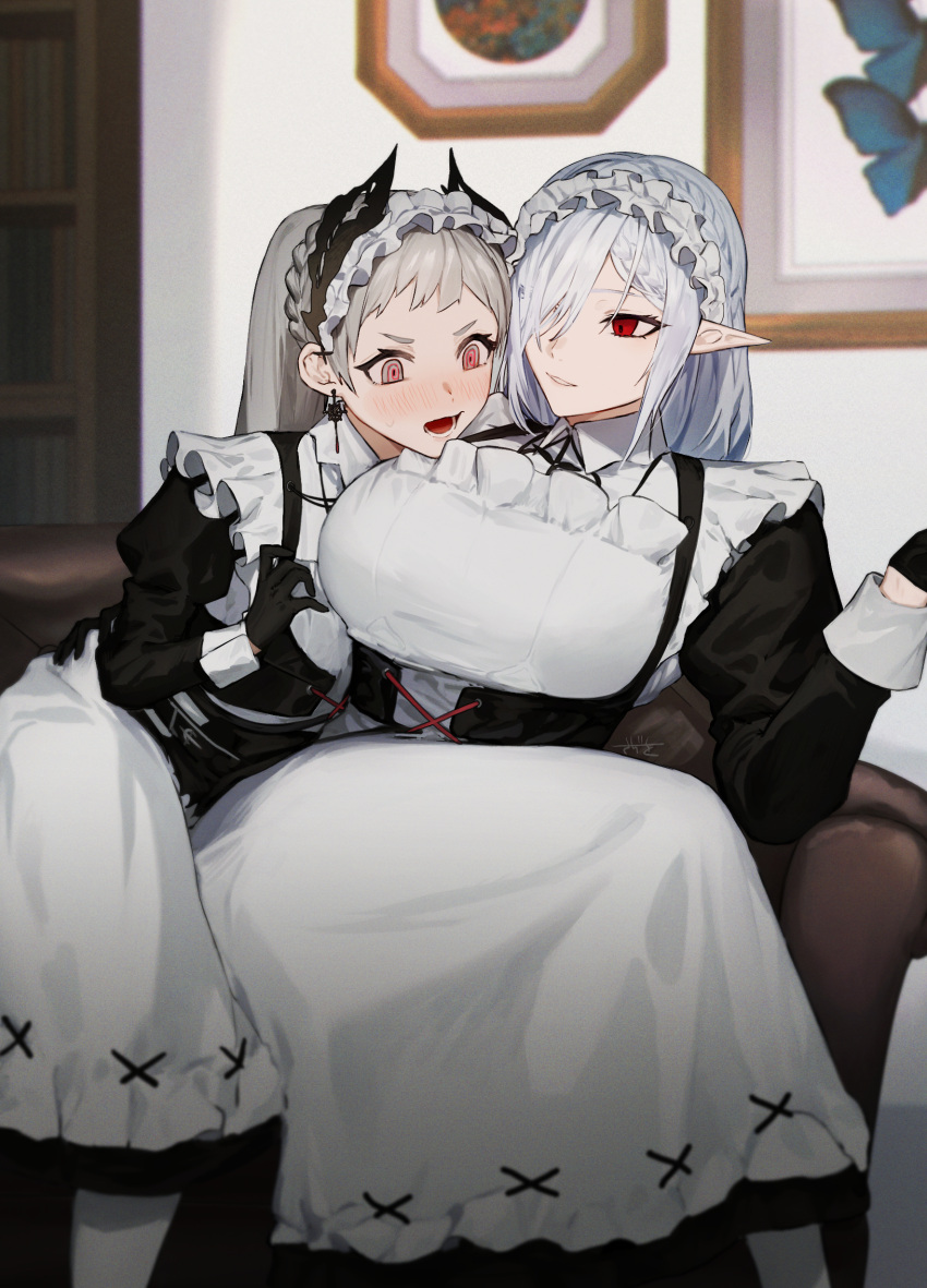 2girls absurdres apron arknights black_dress black_gloves blush breast_envy breasts dress earrings gladiia_(arknights) gloves grey_eyes grey_hair head_wings highres irene_(arknights) irene_(voyage_of_feathers)_(arknights) jewelry large_breasts long_hair maid maid_headdress multiple_girls official_alternate_costume pointy_ears puffy_sleeves sadiwosan white_apron wings