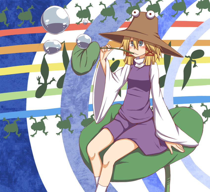 1girl blonde_hair blue_background blue_eyes blush breasts bubble_blowing commentary_request expressionless feet_out_of_frame frog hair_between_eyes hair_ribbon hat kuri_dora lily_pad long_bangs long_sleeves looking_afar medium_hair moriya_suwako purple_skirt purple_vest red_ribbon ribbon shirt sitting skirt skirt_set small_breasts socks solo touhou turtleneck vest white_shirt white_socks wide_sleeves