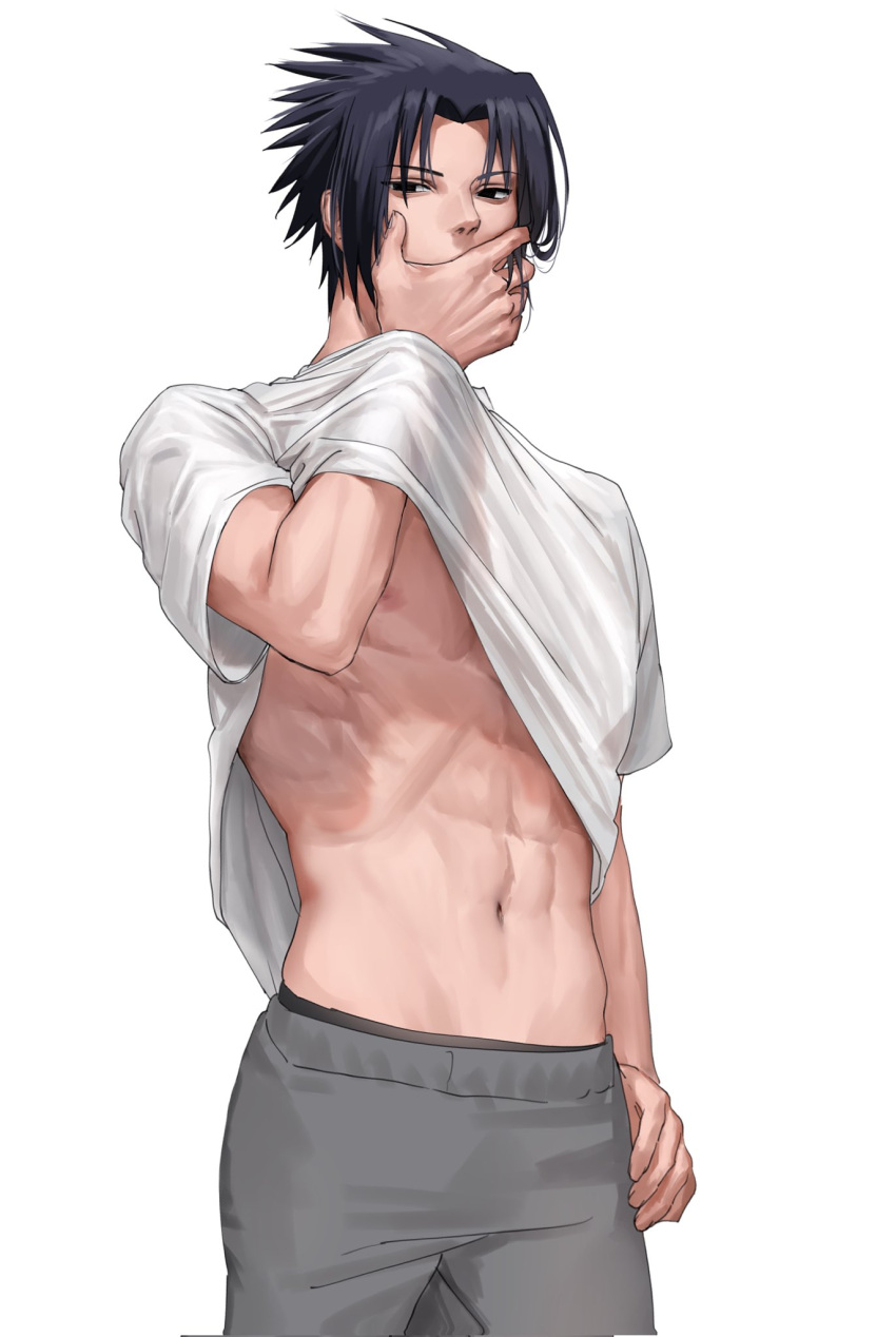 1boy abs black_eyes black_hair clothes_lift covering_mouth denggu_5 grey_pants guilty_challenge_(meme) hand_over_own_mouth highres male_focus meme musical_note naruto naruto_(series) navel nipples open_clothes open_shirt pants shirt shirt_lift short_hair solo stomach uchiha_sasuke white_shirt