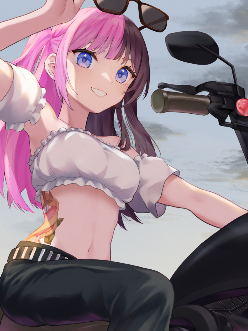 1girl arm_up bananan bandeau bare_shoulders black_pants blue_eyes breasts brown_hair commentary_request crop_top detached_sleeves grey_sky grin highres long_hair looking_at_viewer medium_breasts midriff motor_vehicle motorcycle multicolored_hair navel one_side_up pants pink_hair short_sleeves sitting sky smile solo stomach strapless sunglasses tachibana_hinano_(vtuber) tattoo thighs tube_top two-tone_hair vspo!