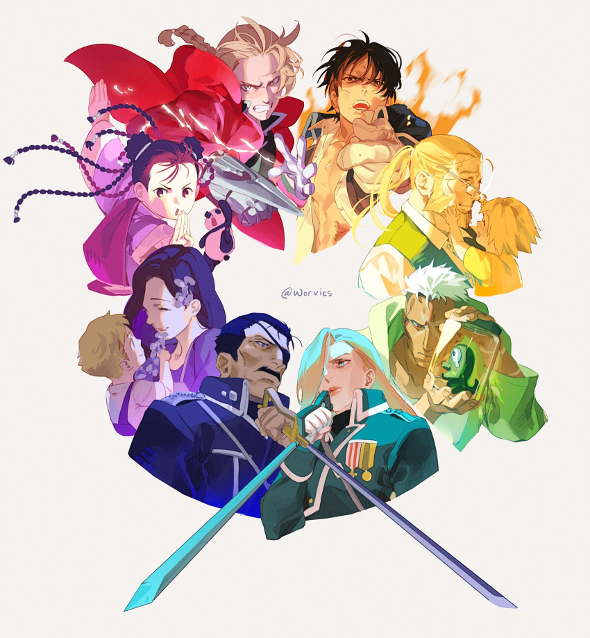 3girls 6+boys alchemy alphonse_elric amestris_military_uniform beard black_eyes black_hair blonde_hair blue_eyes brothers brown_eyes chinese_clothes coat color_connection color_coordination color_wheel color_wheel_challenge dark-skinned_male dark_skin double_bun edward_elric eyepatch facial_hair father_and_son flower fullmetal_alchemist gloves grey-framed_eyewear hair_bun hair_over_one_eye happy highres holding holding_sword holding_weapon homunculus husband_and_wife king_bradley long_hair looking_at_viewer may_chang mechanical_arms military_uniform mother_and_son multiple_boys multiple_girls mustache olivier_mira_armstrong ponytail purple_flower rapier red_coat red_eyes roy_mustang scar scar_(fma) scar_on_face short_hair siblings single_mechanical_arm smile snapping_fingers sword thick_lips trisha_elric uniform upper_body van_hohenheim weapon white_gloves white_hair worvies xiao-mei yellow_eyes
