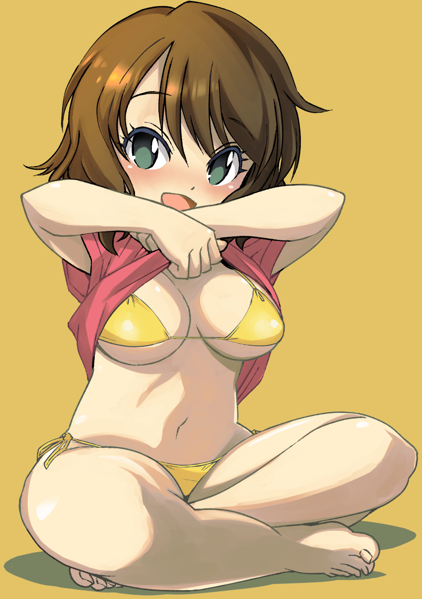 1girl :d absurdres aqua_eyes bare_back barefoot bikini breasts brown_hair cleavage commentary_request eyelashes feet full_body highres indian_style medium_breasts muramasa_mikado navel no_pupils open_mouth original pink_shirt shadow shirt short_hair short_sleeves side-tie_bikini_bottom sitting smile solo swimsuit t-shirt toenails toes underboob undressing yellow_background yellow_bikini