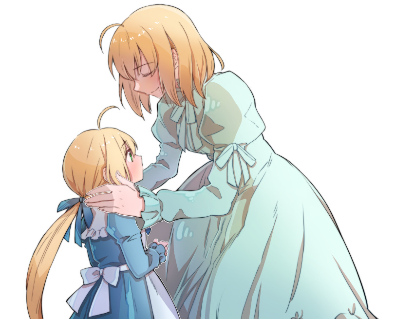 2girls absurdres ahoge aqua_dress artoria_pendragon_(fate) baige_1028 blonde_hair blue_bow blue_dress bow closed_eyes dress fate/stay_night fate_(series) green_eyes hair_bow hands_on_another's_shoulders highres if_they_mated long_bangs long_hair mother_and_daughter multiple_girls saber simple_background very_long_hair white_background white_bow