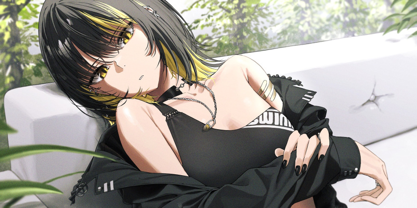 1girl asymmetrical_clothes black_hair black_jacket blonde_hair breasts collarbone couch fingernails highres idolmaster idolmaster_shiny_colors ikaruga_luca jacket looking_at_viewer multicolored_hair nail_polish noeru on_couch sitting small_breasts solo streaked_hair yellow_eyes