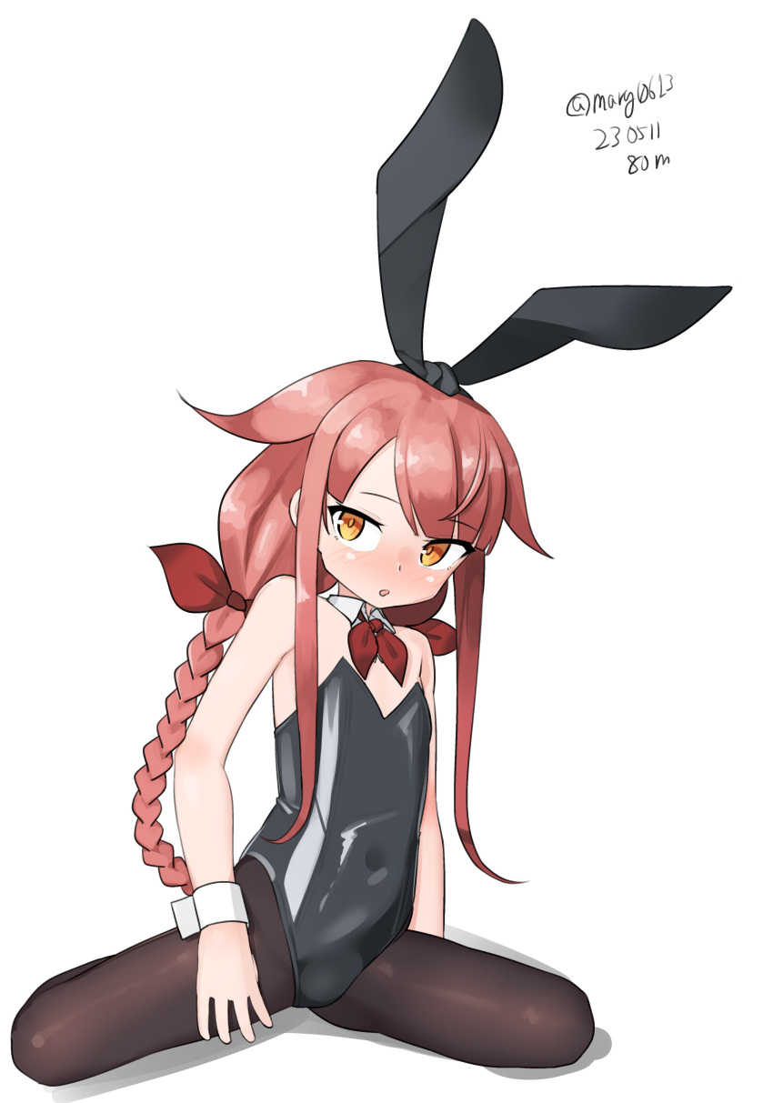 1girl absurdres ahoge alternate_costume animal_ears ascot asymmetrical_bangs black_leotard black_pantyhose braid dated detached_collar flat_chest hair_flaps hair_ribbon highres kantai_collection kawakaze_(kancolle) kawakaze_kai_ni_(kancolle) leotard long_hair low_twintails maru_(marg0613) one-hour_drawing_challenge orange_eyes pantyhose playboy_bunny rabbit_ears red_ascot red_hair ribbon shiny_clothes sidelocks simple_background sitting solo twin_braids twintails twitter_username very_long_hair wariza white_background wrist_cuffs