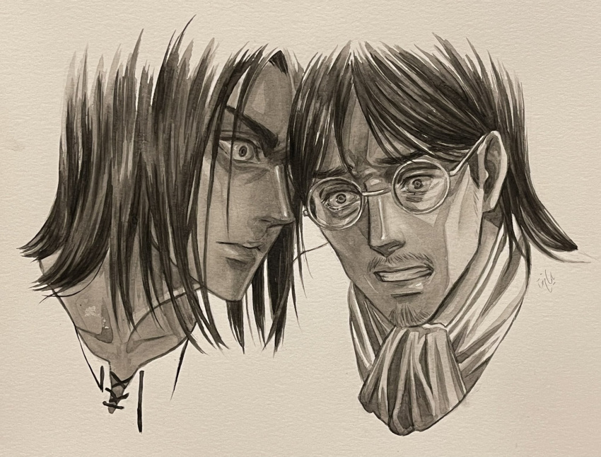 2boys angry cropped_head eren_yeager father_and_son frown goatee_stubble graphite_(medium) greyscale grisha_yeager heads_together highres looking_ahead looking_at_another male_focus monochrome multiple_boys mustache_stubble photo_(medium) shingeki_no_kyojin short_hair spoilers tafart tears thick_eyebrows traditional_media