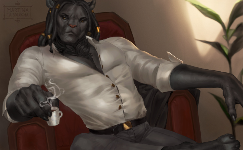 absurd_res anthro beverage black_body black_fur clothed clothing coffee dreadlocks felid fur gold_(metal) gold_jewelry hi_res horus_wild jewelry lion male mammal muscular muscular_anthro muscular_male pantherine solo thescarletartist