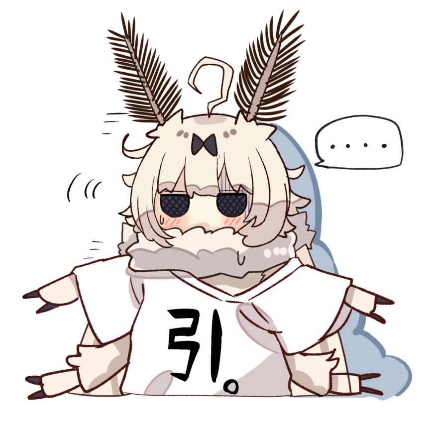 ... 1girl ahoge arthropod_girl black_bow black_eyes blunt_bangs blush bow chibi commentary_request compound_eyes covered_mouth extra_arms fewer_digits grey_hair hair_bow highres kaiko-chan_(planhaplalan) looking_at_viewer medium_bangs moth_antennae moth_girl neck_fur original plan_(planhaplalan) shirt short_hair short_sleeves simple_background solo spoken_ellipsis upper_body white_background white_shirt