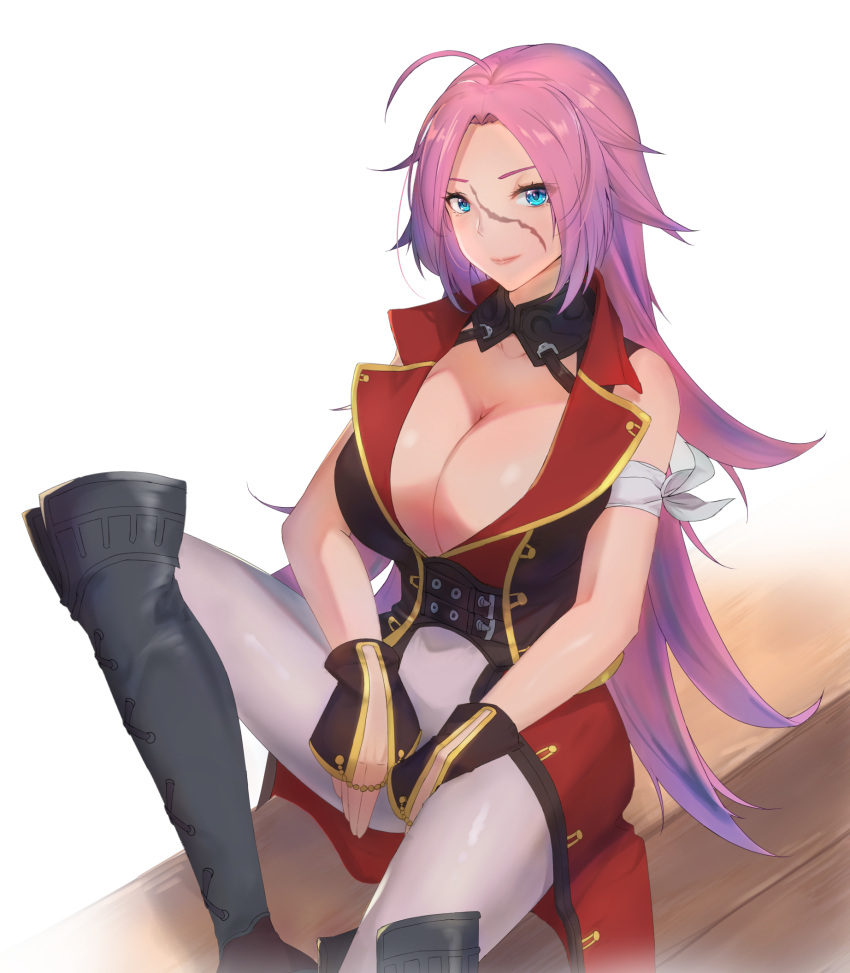 1girl ahoge blue_eyes boots breasts cleavage coat fate/grand_order fate_(series) francis_drake_(fate) highres huge_breasts knee_boots long_hair mochidayo_(lovefate999) pants pink_hair popped_collar red_coat scar scar_on_face sitting sleeveless sleeveless_coat solo very_long_hair white_pants wrist_cuffs