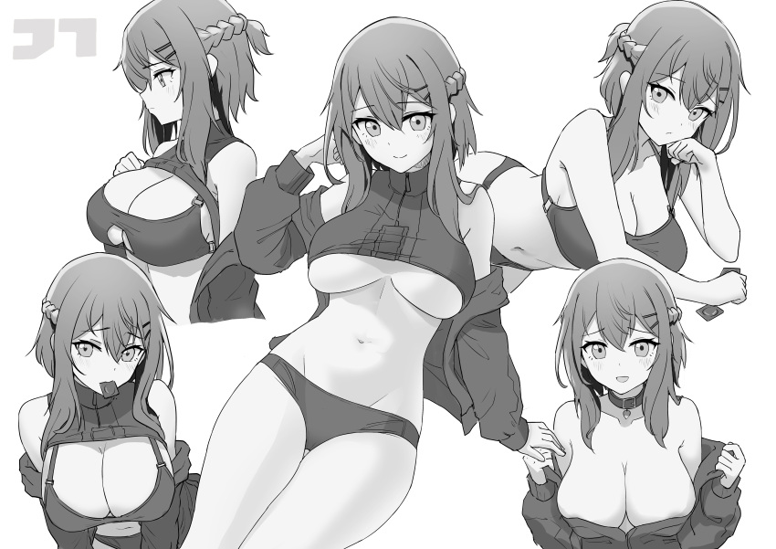 1girl absurdres artist_logo bare_shoulders bra braid breasts cleavage closed_mouth clothes_down clothes_lift collar collarbone commentary_request condom condom_in_mouth condom_wrapper cropped_shirt french_braid greyscale groin hair_ornament hairclip highres jacket jtleeklm large_breasts long_hair looking_at_viewer lying monochrome mouth_hold multiple_views navel on_stomach open_mouth original panties partial_commentary raised_eyebrows shirt shirt_lift short_ponytail sidelocks sleeveless sleeveless_shirt smile underwear undressing