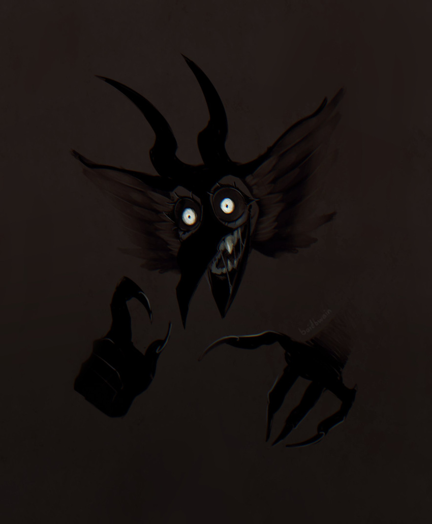 angel avian bird bird_with_teeth bodily_fluids boidbwain darkness drooling female hi_res horn hybrid ophelia_(boidbwain) saliva saliva_string scary scary_face scary_smile seraph_(angel) solo