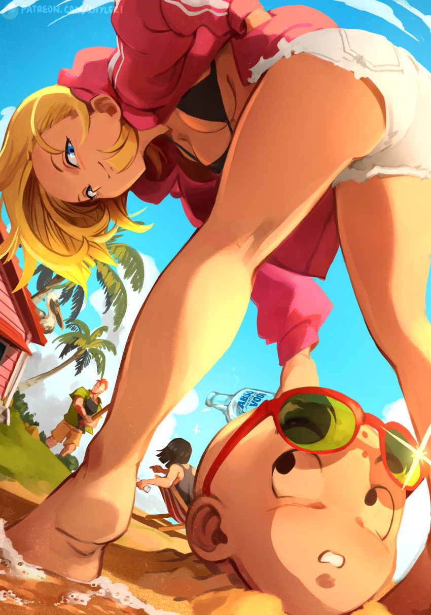 1girl 3boys absurdres android_16 android_17 android_18 ass bald black_hair blonde_hair blue_eyes blue_sky dragon_ball highres kame_house khyle. kuririn multiple_boys palm_tree sand sky tree