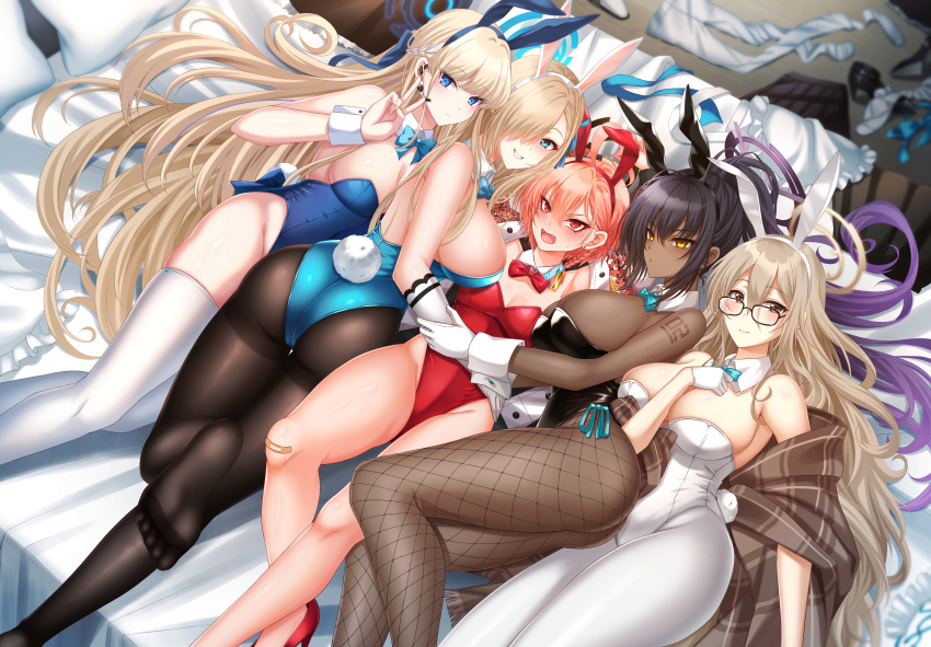 5girls absurdly_long_hair absurdres akane_(blue_archive) akane_(bunny)_(blue_archive) animal_ears asuna_(blue_archive) asuna_(bunny)_(blue_archive) bandaid bandaid_on_knee bandaid_on_leg bare_legs black_leotard black_pantyhose blonde_hair blue_archive blue_bow blue_bowtie blue_eyes blue_halo blue_leotard bow bowtie breasts cleavage clothes_removed commentary_request dark-skinned_female dark_skin detached_collar fake_animal_ears fake_tail fishnet_pantyhose fishnets glasses gloves hair_over_one_eye halo headset highres karin_(blue_archive) karin_(bunny)_(blue_archive) large_breasts leotard long_hair lying medium_breasts multiple_girls neru_(blue_archive) neru_(bunny)_(blue_archive) number_tattoo official_alternate_costume on_back on_side pantyhose playboy_bunny purple_halo rabbit_ears rabbit_tail red_bow red_bowtie red_eyes red_leotard shoulder_tattoo small_breasts strapless strapless_leotard tail tattoo thighhighs thighs toki_(blue_archive) toki_(bunny)_(blue_archive) v very_long_hair white_gloves white_leotard white_pantyhose white_thighhighs white_wrist_cuffs wrist_cuffs yellow_eyes yellow_halo zhou_yu_(ppaaqz1995)