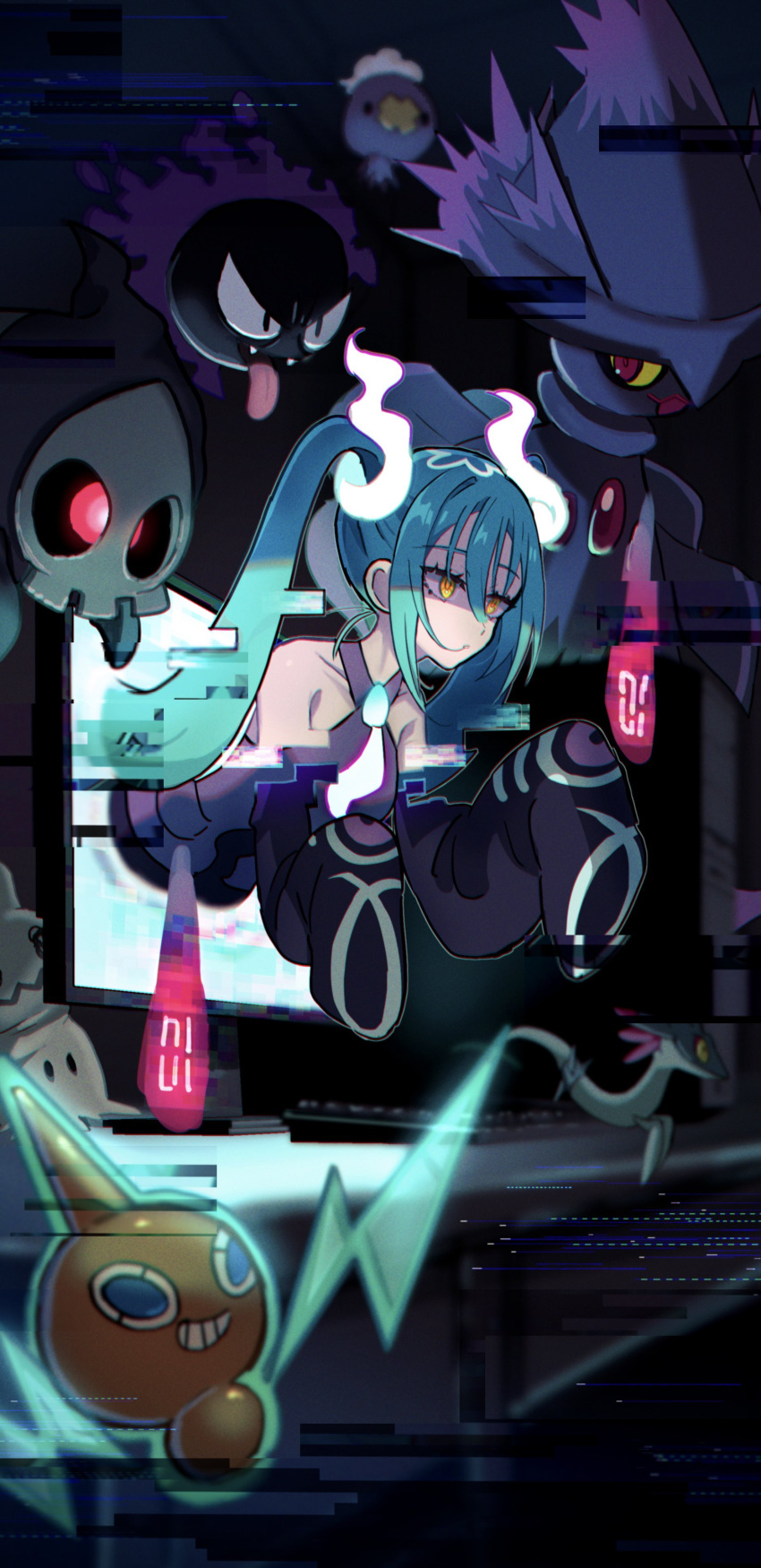 1girl absurdres black_sleeves blue_hair choppy_bangs commentary computer dark_room detached_arm detached_sleeves dreepy duskull floating gastly ghost_miku_(project_voltage) glowing_neckwear grey_shirt hair_between_eyes hair_in_own_mouth halterneck hatsune_miku highres hitodama indoors keyboard_(computer) long_hair looking_ahead memai_(1000snsr) mimikyu mismagius monitor necktie parted_lips pokemon pokemon_(creature) project_voltage rotom rotom_(normal) shaded_face shirt sleeveless sleeveless_shirt sleeves_past_fingers sleeves_past_wrists solo through_screen twintails vocaloid yellow_eyes