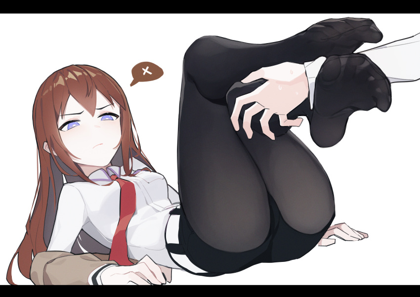 1boy 1girl absurdres ass belt black_pantyhose black_shorts blue_eyes breasts brown_hair brown_jacket closed_mouth collared_shirt crossed_legs feet feet_up foreshortening full_body highres jacket knees_up lan_mao_akko leg_hold legs letterboxed long_hair long_sleeves looking_to_the_side lying makise_kurisu medium_breasts necktie no_shoes off_shoulder okabe_rintarou on_back out_of_frame pantyhose red_necktie shirt short_shorts shorts sidelocks simple_background soles spoken_x spread_toes steins;gate sweatdrop thighs toenails toes white_belt white_shirt