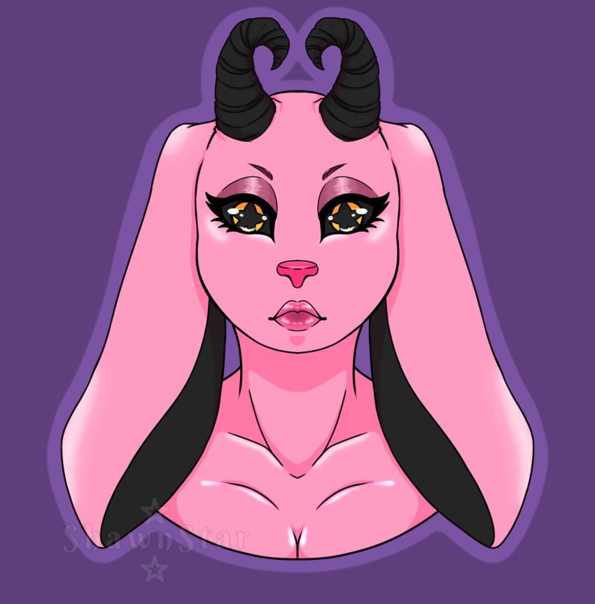 anthro black_horn black_sclera breasts cleavage clothed clothing curved_horn digital_media_(artwork) eyelashes eyeshadow female fur hair hi_res horn hybrid lagomorph leporid lips lipstick long_ears looking_at_viewer makeup mammal pink_body pink_fur pink_hair pink_nose pupils rabbit shaded shawnstar simple_background solo solo_focus star_pupils symbol-shaped_pupils thick_lips unusual_pupils yellow_eyes