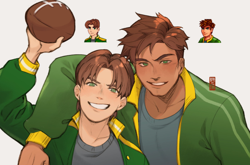 1boy alex_(stardew_valley) arm_around_neck ball brown_hair cleft_chin dark-skinned_male dark_skin green_eyes green_jacket grey_shirt holding holding_ball jacket letterman_jacket looking_at_viewer male_focus mk/ret multiple_views open_clothes open_jacket prototype_design shirt short_hair smile soccer_ball sprite stardew_valley upper_body white_background