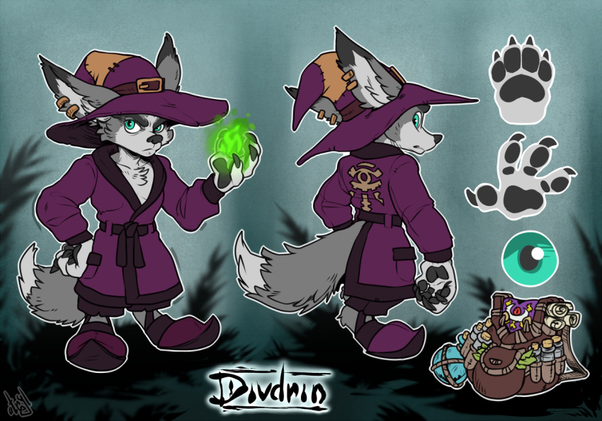 2023 alchemist anthro atryl backpack bathrobe blizzard_entertainment canid canine casual_wear clothing divdrin_(duskthebatpack) ear_piercing ear_ring footwear fox grumpy hat headgear headwear looking_at_viewer magic_user male mammal mantle model_sheet piercing ring_piercing robe shoes solo vulpera warcraft witch_hat