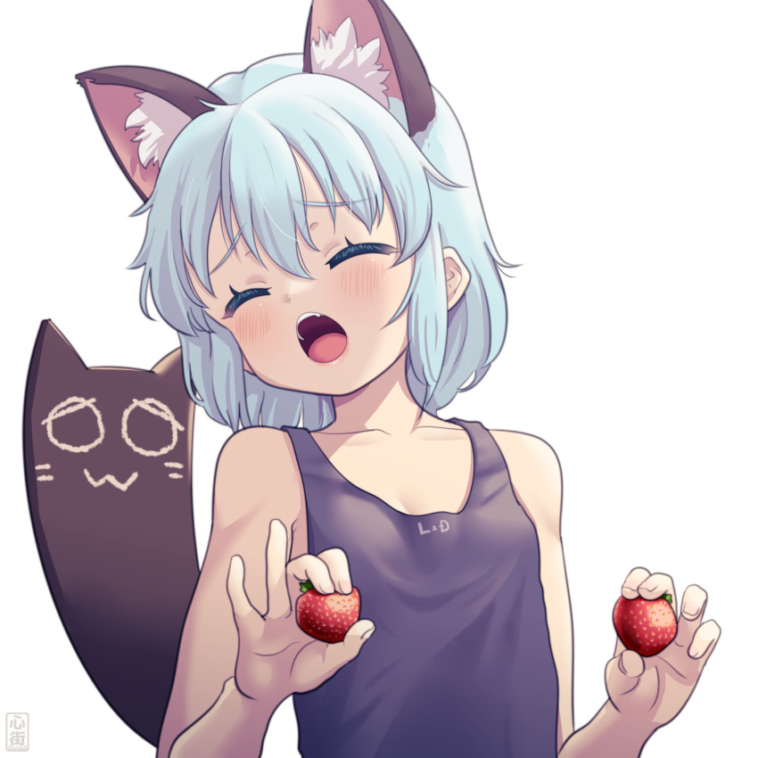 1girl animal_ear_fluff animal_ears blue_hair blue_tank_top blush breasts cat_ears chibi_yami closed_eyes food fruit futaba_channel head_tilt highres himewe holding holding_food holding_fruit medium_hair nijiura_maids open_mouth parody simple_background small_breasts solo strawberry tank_top upper_body white_background