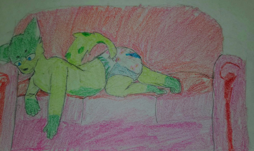 anthro canid canine clean_diaper diaper fur furniture green_body green_fur lying male mammal multicolored_body multicolored_fur on_front only_diaper print_diaper raised_tail simple_background simple_coloring sofa solo srcfur tail two_tone_body two_tone_fur