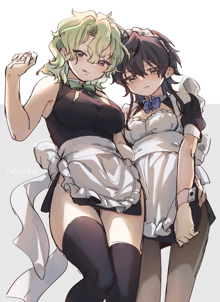 2girls absurdres apron arm_around_waist black_dress black_hair black_thighhighs breasts closed_mouth currytabeyo dress ensemble_stars! genderswap genderswap_(mtf) green_hair hairband highres large_breasts licking_lips looking_at_viewer looking_down maid maid_apron maid_headdress medium_breasts medium_hair multiple_girls purple_eyes sazanami_jun short_sleeves thighhighs tomoe_hiyori tongue tongue_out white_apron white_hairband yellow_eyes yuri