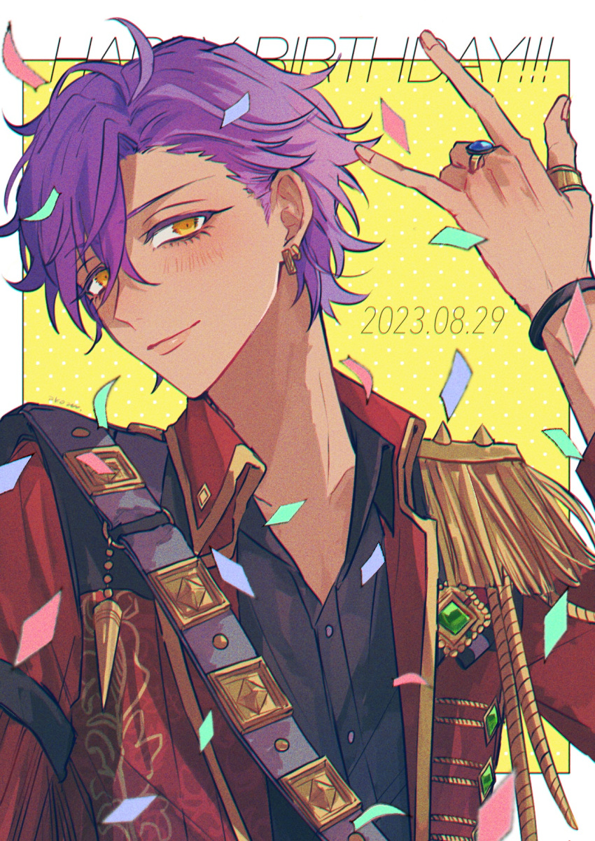 1boy black_shirt border closed_mouth collared_shirt dark-skinned_male dark_skin earrings ensemble_stars! epaulettes formal happy_birthday highres idol_clothes jacket jewelry male_focus multiple_earrings official_alternate_costume orange_eyes otogari_adonis purple_hair red_jacket shirt smile solo white_border yellow_background zxux8