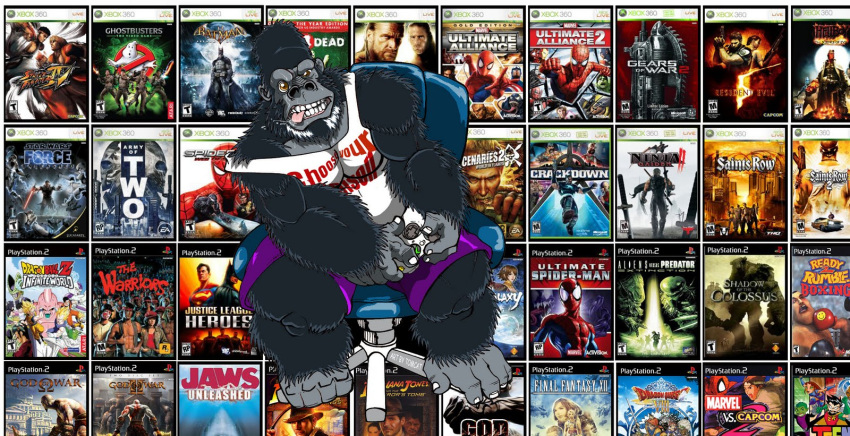 2009 anthro ape barefoot black_body black_fur bottomwear chair clothing controller feet fur furniture game_controller gaming gorilla grey_body grey_skin haplorhine hi_res male mammal microsoft muscle_shirt playing_videogame playstation prehensile_feet primate shorts solo sony_corporation sony_interactive_entertainment swivel_chair toes tomcat_(artist) tomcat_(fursona) tongue tongue_out xbox xbox_controller xbox_game_studios