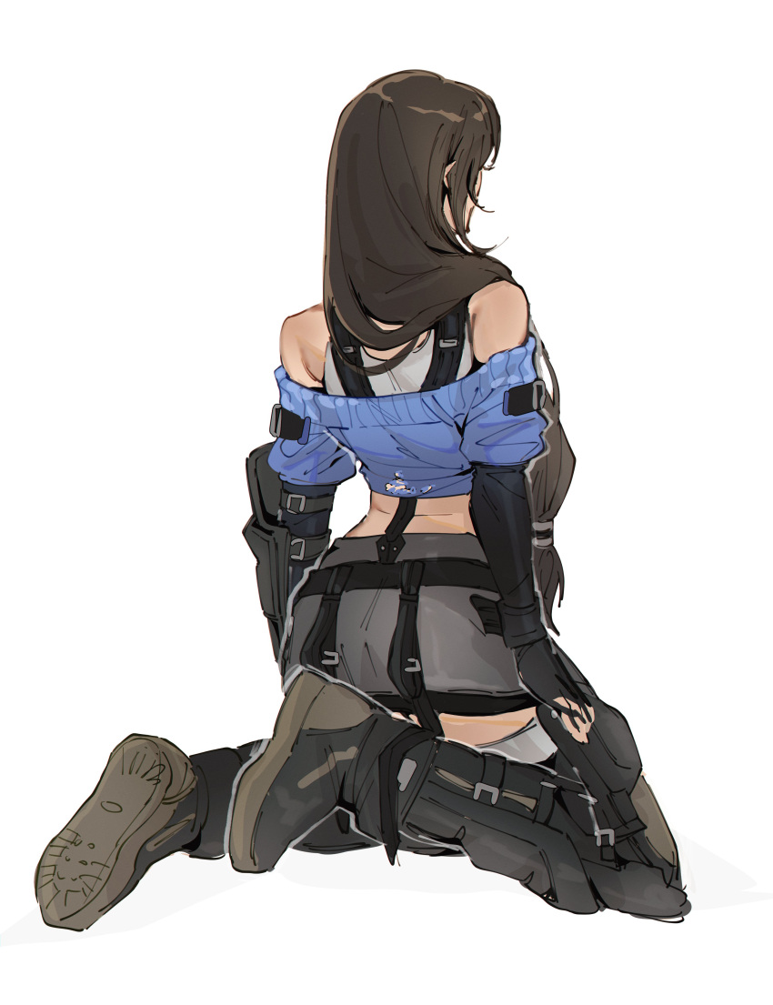 1girl absurdres arm_guards black_hair blue_sweater crop_top cropped_sweater final_fantasy final_fantasy_vii final_fantasy_vii_ever_crisis from_behind hair_over_shoulder highres knee_pads kneeling long_hair low-tied_long_hair official_alternate_costume pudelmudel shin_guards simple_background solo suspenders sweater tifa_lockhart white_background