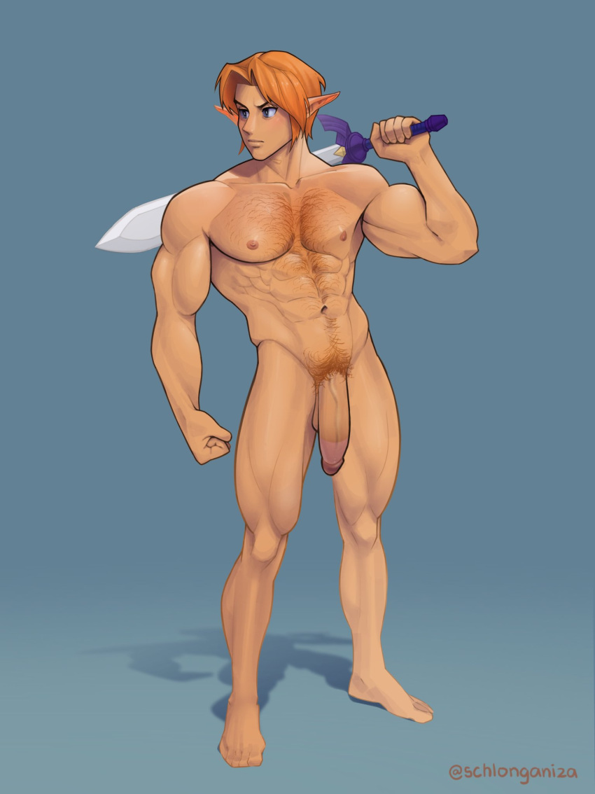 1boy abs aged_up alternate_body_hair alternate_muscle_size bara blonde_hair blue_eyes chest_hair circumcision_scar completely_nude elf flaccid frown full_body highres holding holding_sword holding_weapon huge_penis large_pectorals link looking_to_the_side male_focus male_pubic_hair muscular muscular_male navel navel_hair nipples nude orange_hair over_shoulder pectorals penis pointy_ears pubic_hair schlonganiza short_hair solo standing stomach sword sword_over_shoulder the_legend_of_zelda thighs weapon weapon_over_shoulder