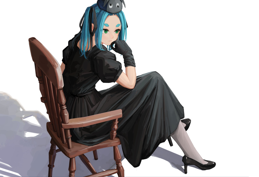 1girl absurdres aqua_hair black_dress black_footwear black_gloves black_headwear black_ribbon chair crossed_legs dress gloves googly_eyes green_eyes hair_ribbon high_heels highres medium_hair monogatari_(series) nemo_ringo ononoki_yotsugi pantyhose puffy_short_sleeves puffy_sleeves ribbon shadow short_eyebrows short_sleeves sitting solo thick_eyebrows twintails